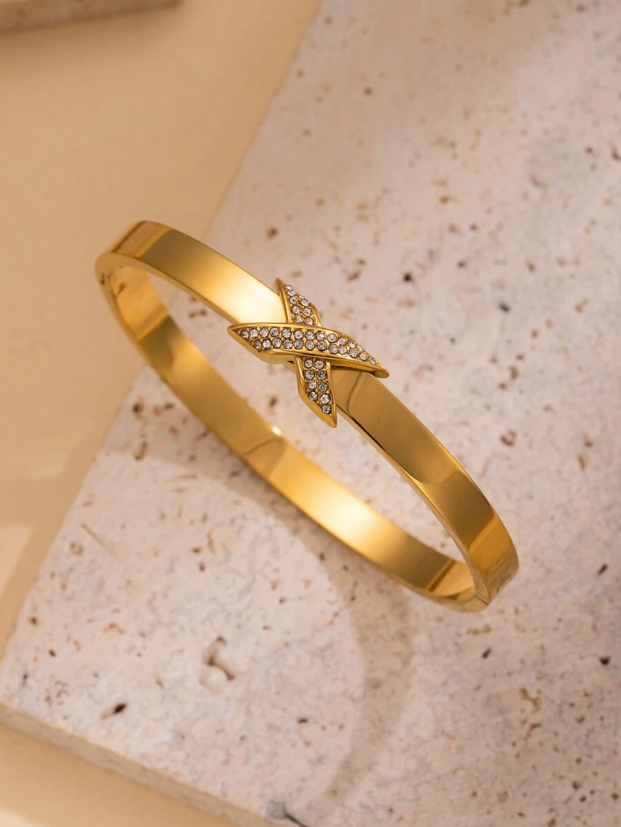 1pc Elegant 18k Gold-Plated Bracelet With X-Studded Details, Perfect For Special Occasions And Daily Wear. A High-Quality Christmas Gift For Her - Bracelet - View 1