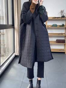 Women's Casual Warm Solid Color Long Plaid Cotton Padded Coat For Autumn/Winter