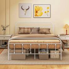 HOMCOM 4ft6 Double Bed Frame With Underbed Storage, Metal Platform Bed Frame With Tall Headboard, Footboard And Steel Slat Support, No Box Spring Needed, Easy Assembly, White