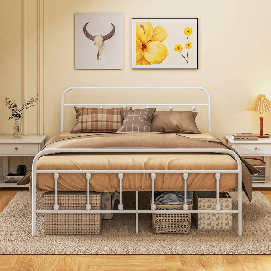 HOMCOM 4ft6 Double Bed Frame With Underbed Storage, Metal Platform Bed Frame With Tall Headboard, Footboard And Steel Slat Support, No Box Spring Needed, Easy Assembly, White