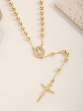 1 件手工串珠金色金属罗马环圣母玛利亚项链，经典铜黄色，适合女性日常佩戴、送礼、聚会