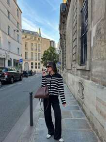 Cárdigan de punto de ajuste holgado y de un solo botonadura en estilo vintage con contraste de color, versátil para otoño/invierno