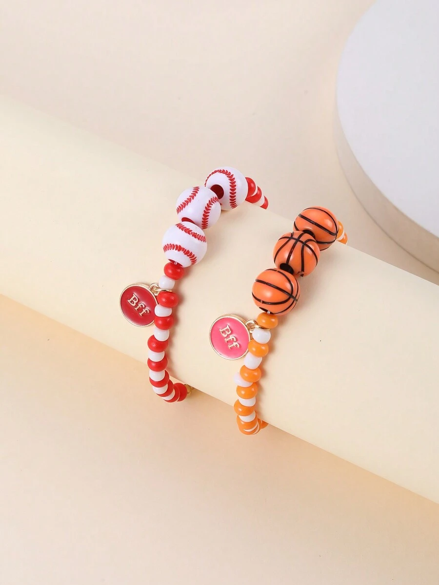 2 件/套儿童篮球和棒球珠 Bff 友谊手链，儿童首饰套装 - 彩色 - 查看 1
