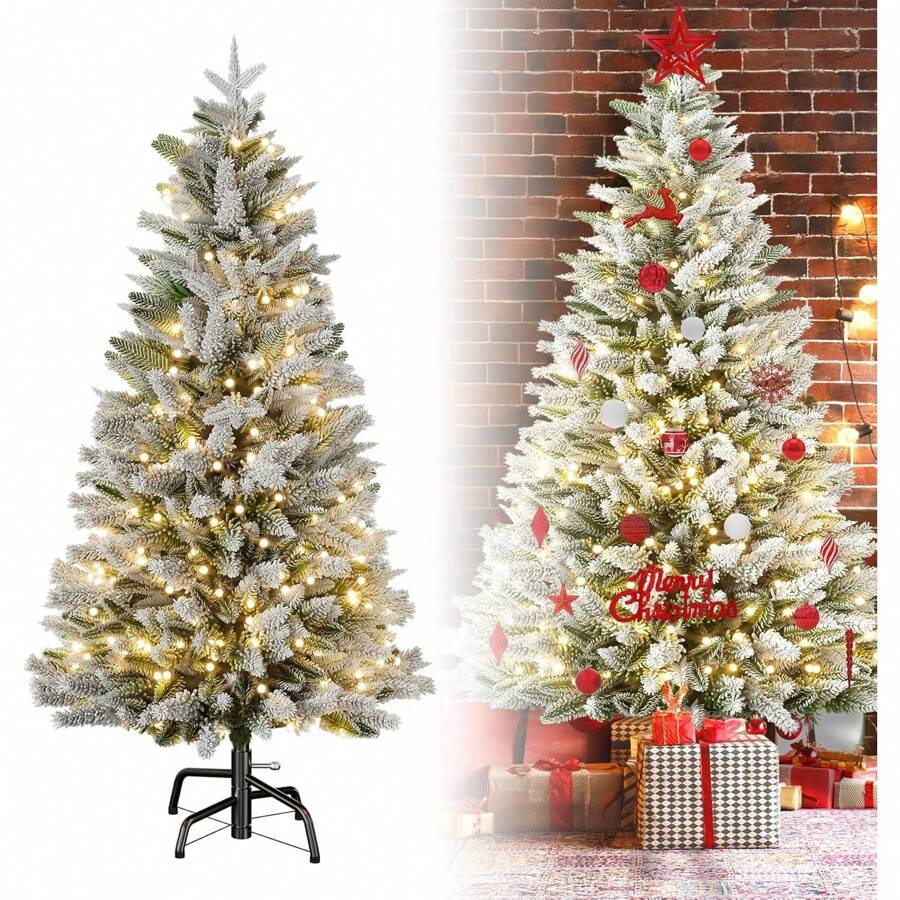 LILIIN Kunstlicher Weihnachtsbaum 150 cm 180 cm 210 cm Premium Tannenbaum Künstlich mit Schnee-Effekt und Beleuchtung LED Warmes Weiß Naturgetreuer Christbaum mit Metallständer für Weihnachten-Dekoration - 150 cm - Übersicht 1