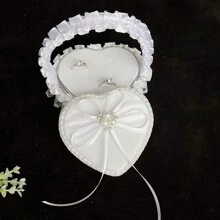 Caja con forma de cesta floral romántica en forma de corazón hecha a mano, cesta de mano con flores blancas para niña de las flores, caja para almacenar anillos de boda, decoración de boda (anillos no incluidos), regalo para el Día de San Valentín, Navidad, Día de la Madre