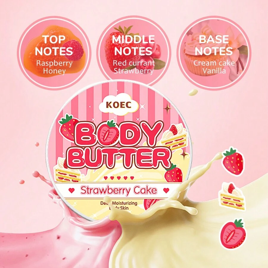 KOEC 草莓蛋糕身体保湿霜，芬芳深层滋养身体乳，日常保湿身体乳 - 紅色 - 查看 1