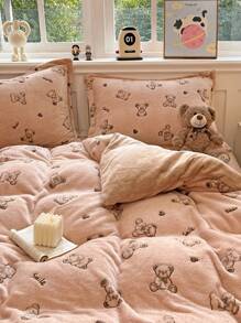 3 Pieces Of Children's Printed Duvet Cover Pillowcase Set, Cartoon Dinosaur, Bear, Rabbit Print Pattern, Winter Milk Velvet Children's Bed Set, Suitable For Children's Bedroom, Spring, Autumn And Winter, Machine Washable - Coffee Brown - View 10