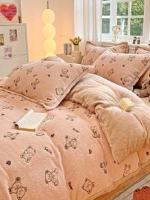 3 Pieces Of Children's Printed Duvet Cover Pillowcase Set, Cartoon Dinosaur, Bear, Rabbit Print Pattern, Winter Milk Velvet Children's Bed Set, Suitable For Children's Bedroom, Spring, Autumn And Winter, Machine Washable - Coffee Brown - View 9