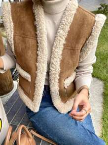 女士休闲羊毛布背心羊毛保暖无袖夹克短款春秋季上衣