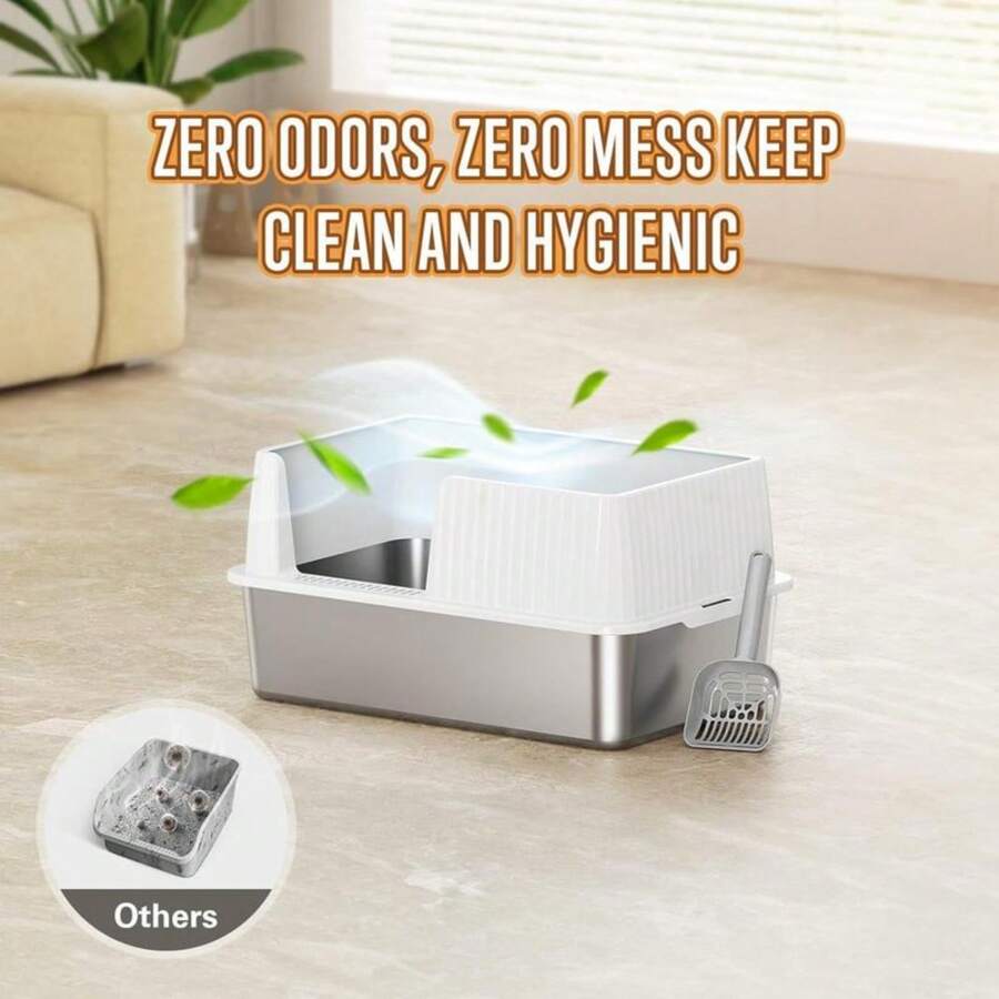 Extra Large Stainless Steel Cat Litter Box With Lid, High Sided Metal