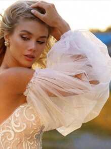 1 Cặp tay áo lưới mỏng dài dành cho cô dâu, thích hợp cho tiệc trang trọng, đám cưới, phụ kiện váy cưới để che cánh tay, trang phục mùa thu dành cho phụ nữ - Màu be - Xem 4