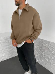 GLESTORE Men's Retro Coin-Print Fleece Solid-Color Polyester Half-Zip Long-Sleeve Sweatshirt For Spring, Fall, And Winter Commuting And Casual Wear - Khaki - View 2
