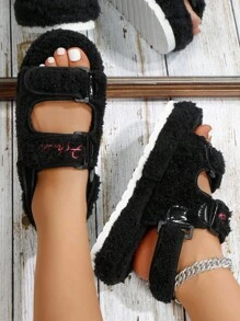 Plus Size Women's Flat Sandals, Round Toe Thick Bottom Fur Strap Slide Sandals, Warm