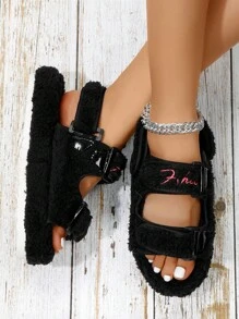 Plus Size Women's Flat Sandals, Round Toe Thick Bottom Fur Strap Slide Sandals, Warm