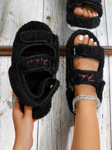 Plus Size Women's Flat Sandals, Round Toe Thick Bottom Fur Strap Slide Sandals, Warm