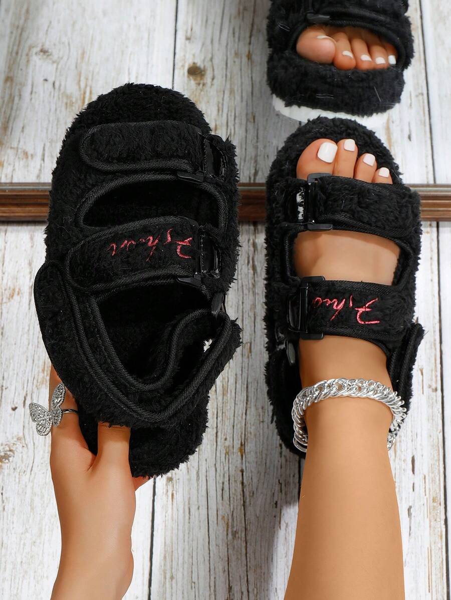 Plus Size Women's Flat Sandals, Round Toe Thick Bottom Fur Strap Slide Sandals, Warm