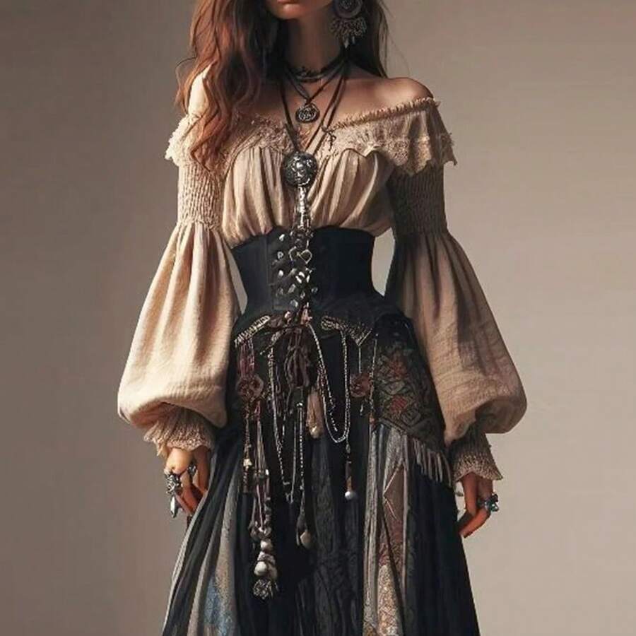 A Niche Design Top With Off Shoulder Lantern Sleeves And Smoked Retro Shirt - 杏色 - 查看 1