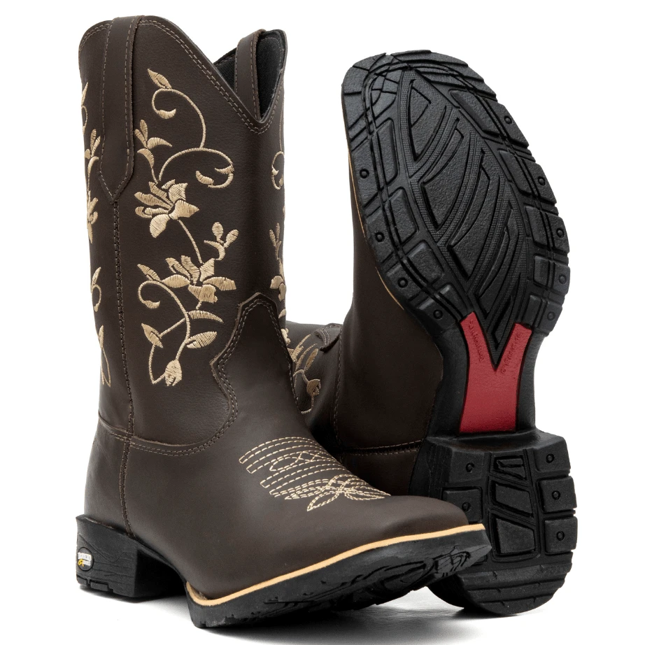 Bota Feminina Bordada Flor Bege Country Festa do Peão Montaria bota feminina cano médio