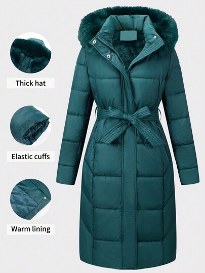 Risissida Women's Casual Hooded Jacket With Pockets, Lightweight Faux Fur Lined Quilted Trench Coat, Fall Daily Wear Winter Coat