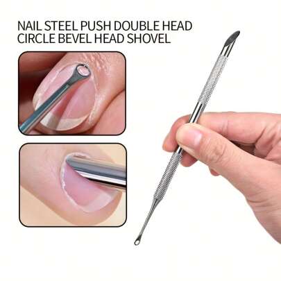 Stainless Steel Cuticle Pusher, Double-Ended Angled Half-Moon Cuticle Nipper, Callus Remover And Nail Prep Tool With Nail Buffer, For Cuticle Care And Polishing, Essential For Nail Salons And Pedicures