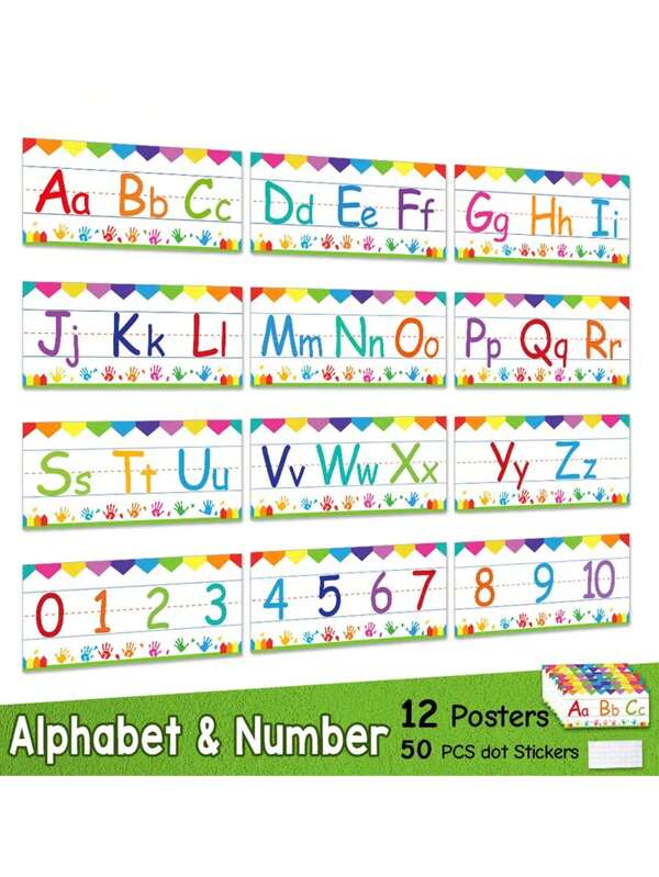 Juego de 12 pósteres educativos para preescolar - 26 letras del alfabeto y números 0-9, decoración de pared sin marco, apropiado para guarderías, jardines de infancia, aulas en el hogar