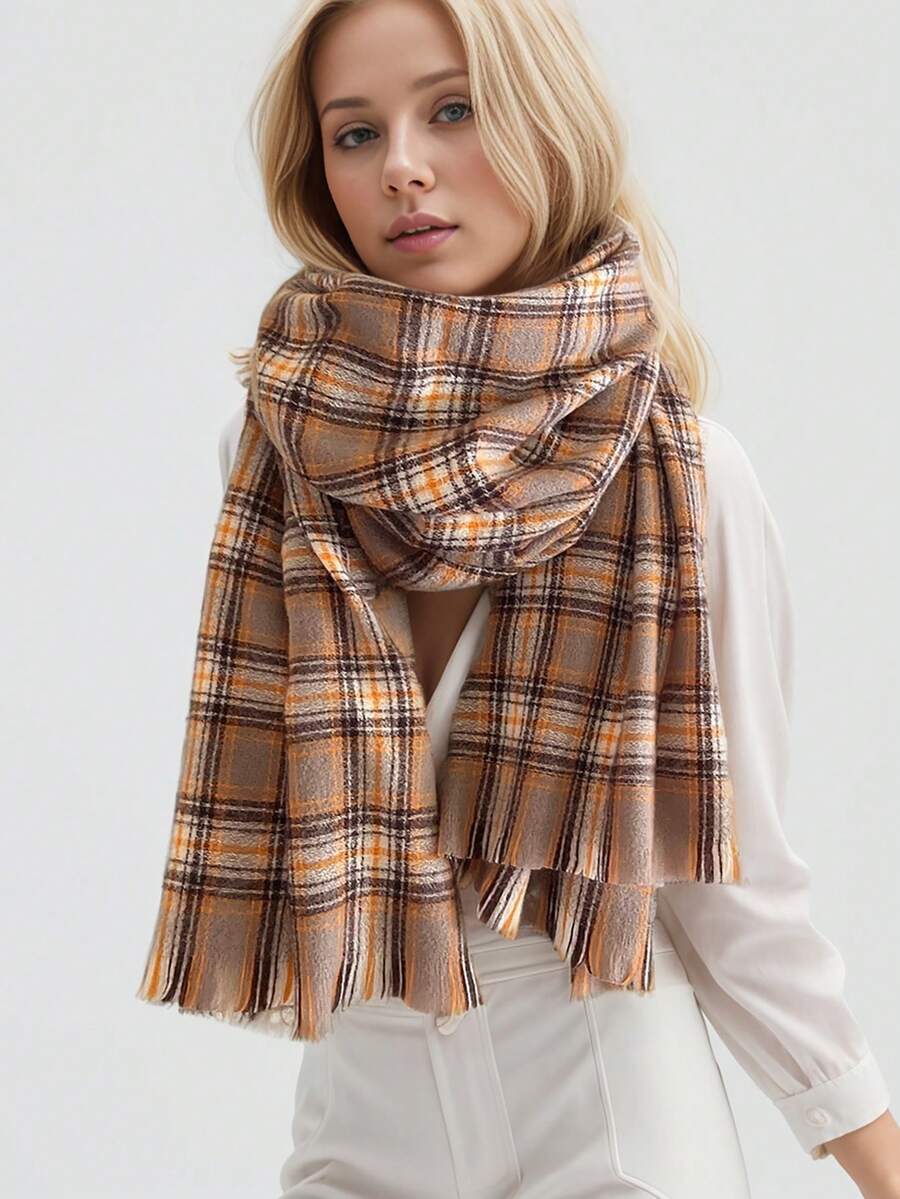 1 chiếc khăn choàng kẻ caro ấm áp và thoải mái cho mùa thu/đông - trái cam - Xem 1