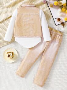 3 件套年轻女孩牛仔效果服装，包括牛仔夹克、白色长袖运动衫和牛仔效果裤，适合秋季 - 卡其色 - 查看 3