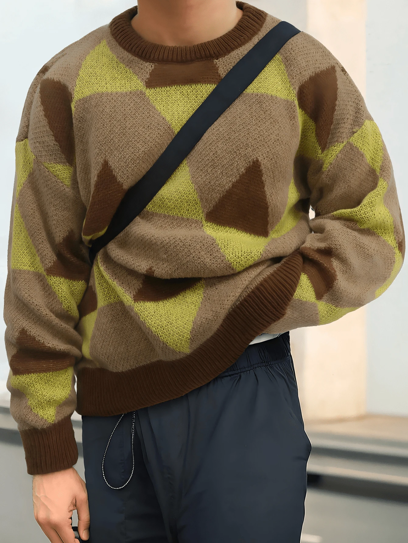 Áo len chui đầu dáng rộng, họa tiết khối màu hình học phá cách, kiểu dáng thường ngày, unisex, phù hợp cho mùa thu và mùa đông, phong cách sinh viên đơn giản. - Cà phê nâu - Xem 1