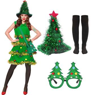 3 件套圣诞树服装套装、圣诞帽、眼镜、袜子（不含衣服、裙子）舞会