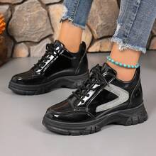 女士坡跟运动鞋休闲系带户外鞋轻便低帮厚底时尚防滑休闲靴 - 黑色 - 查看 4