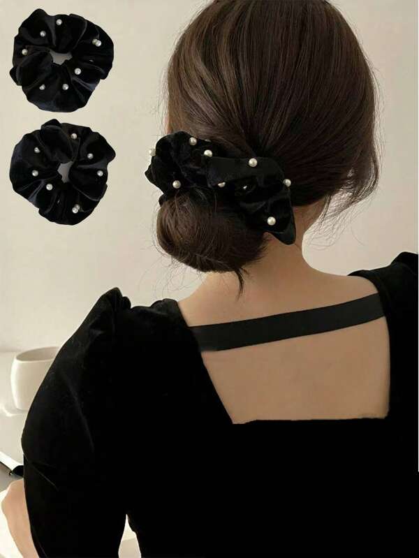 Luxurious Velvet Faux Pearl Hair Scrunchie, French Style Elegant Hair Accessory For Ponytail & Updo Hair Ties Ponytail Holders Hair Elastics Hair Rubber Bands Scrunchies Hair Rope Elastic Hair Tie, Hair Bobbles