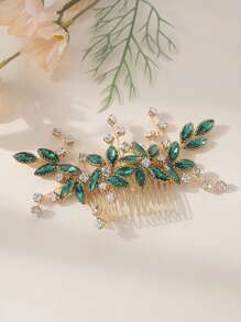 跨境新娘陶瓷花珍珠发梳，金属叶发夹配水晶花发饰，手工发髻制作器 - 綠色 - 查看 2