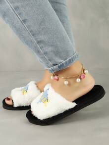 女士卡通刺绣羊毛毛绒拖鞋，秋冬季室内家居保暖 - 白色 - 查看 5