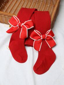 5 chiếc quần tất sọc nơ đỏ cho bé gái, thích hợp cho năm mới, ngày lễ, mọi mùa, dễ thương và nữ tính - Đỏ - Xem 5