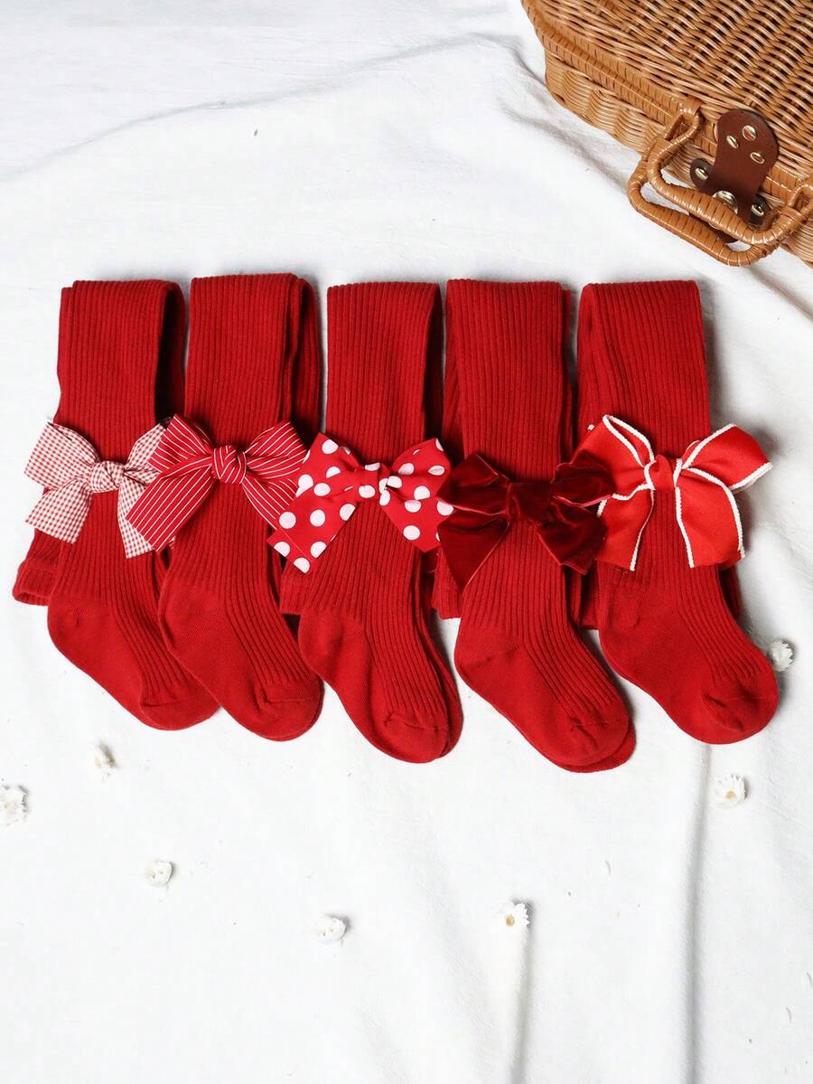 5 chiếc quần tất sọc nơ đỏ cho bé gái, thích hợp cho năm mới, ngày lễ, mọi mùa, dễ thương và nữ tính - Đỏ - Xem 1