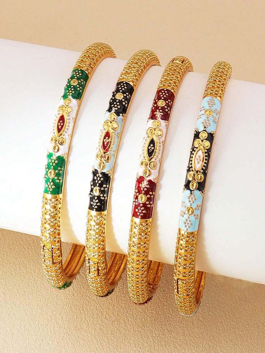 4 piezas Brazalete vintage de oro con cierre, pulsera con textura y gotas esmaltadas de colores en , el regalo perfecto para damas en días festivos y de diario - flor - Ver 1
