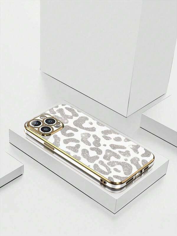 1 pieza Funda protectora de teléfono con estampado de leopardo blanco TPU enchapado en 6D, compatible con Apple y teléfonos OPPO, resistente al agua, a los golpes, a las caídas y a los arañazos