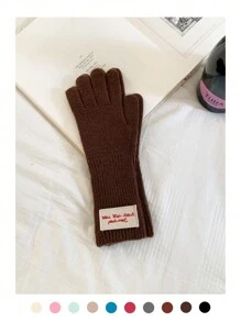 1 Pair Knitted Solid Color Applique Cute Five Finger Warm Long Cuff Touchscreen Fingerless Gloves, Wool Blend, Suitable For Autumn/Winter, Cycling