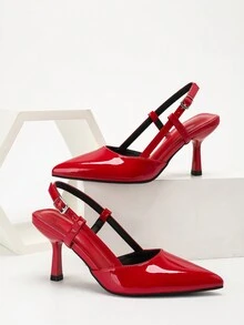女士尖头镜面红色高跟鞋，PU 材质简约一脚蹬细高跟鞋，后系带，优雅派对礼服鞋 - 紅色 - 查看 4