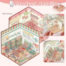 Juego de 4 pegatinas de escenas en miniatura de casas, pegatinas de juego comercial simulado, pegatinas de escenas, pegatinas decorativas 3D DIY, pegatinas de paisaje en miniatura, pegatinas 3D adorables de cabina, pegatinas de escenas visuales 3D, para diarios, scrapbooking, papelería decorativa (incluye pinzas)