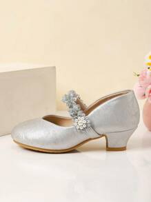 1 par de nuevos y elegantes tacones altos infantiles con suela antideslizante y lazo sólido, apropiados para salidas y temporada escolar, tacones altos para adolescentes como regalo para niñas