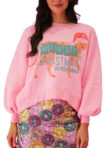 Women's Christmas Loose Pullover Sparkly Rhinestone Letter Print Long Sleeve Crew Neck Sweatshirt