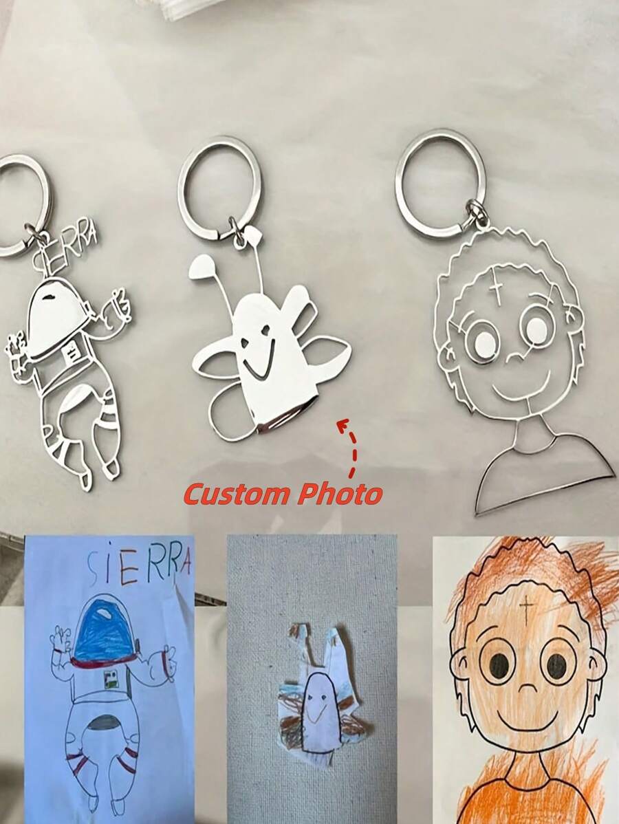 1pc Kid's Hand Drawing Pattern Personalized Photo Keychain, 18K Gold-Plated Stainless Steel Jewelry Anniversary Gift For Mom Grandma, Cartoon Animal/Geometric Design - Multicolor - View 1
