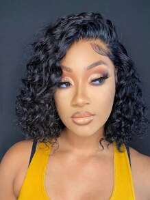 Side Part Bob Wig Water Wave Human Hair Glueless Wet And Wavy Curly Human Hair Wig For Women 180% Density Lace Front Wigs - Natural & Black - View 3