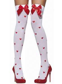 1双红色爱心蝴蝶结过膝袜，性感修身大腿袜，Y2K风格，圣诞节，舒适