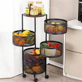 Estante giratorio para verduras, de pie en el piso, de acero al carbono multicapa redondo para almacenamiento de frutas y verduras en el hogar y la cocina