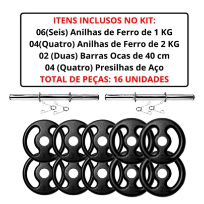 Kit Halteres De Anilhas E Barras cromadas - 16 Peças