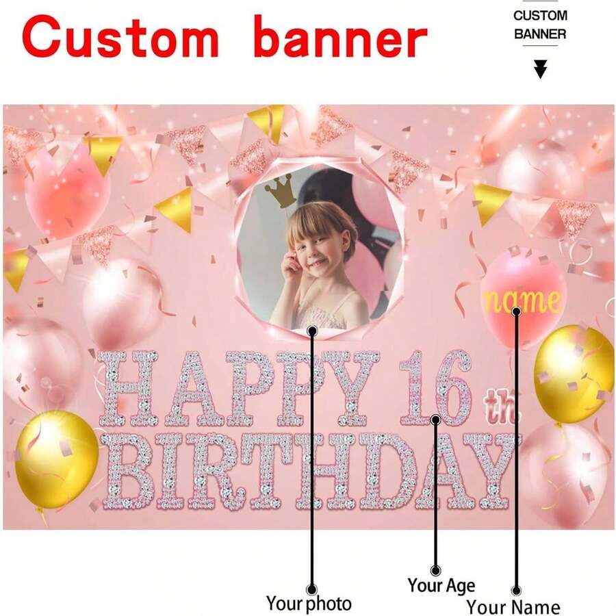1 cái Chủ đề vàng hồng tùy chỉnh với tên và ảnh Biểu ngữ sinh nhật vàng hồng được cá nhân hóa cho bữa tiệc Trang trí phông nền mừng sinh nhật