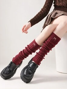 1 双女士红色蝴蝶结设计纯色卷边暖腿套，时尚秋冬季款 - 彩色 - 查看 2