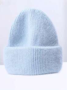 1pc Women's Rabbit Hair Knitted Warm Beanie, Double-Layer Folded Brim Pullover Hat, Solid Color, Versatile For Autumn/Winter